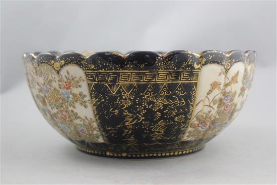 A Japanese Satsuma pottery fluted bowl, signed Hododa, Meiji period, 24cm, some wear to gilding